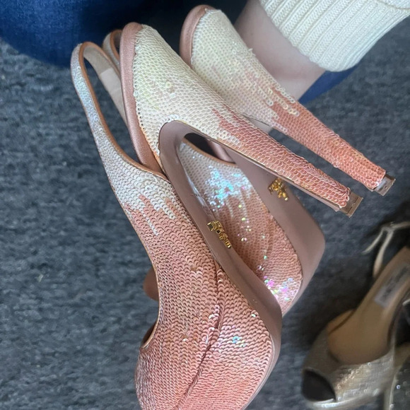 PRADA Heels Ombré Pink Beige Sequinned Leather Womens Shoes Open Toe Size 36.5 - Picture 4 of 11